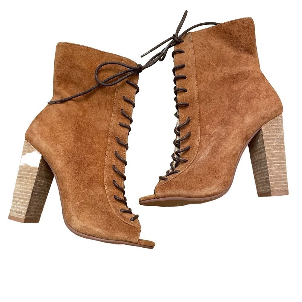 NWOT Chinese Laundry Lawless Caramel Kid Suede Lace-Up Booties Sizez 7 - Picture 2 of 13